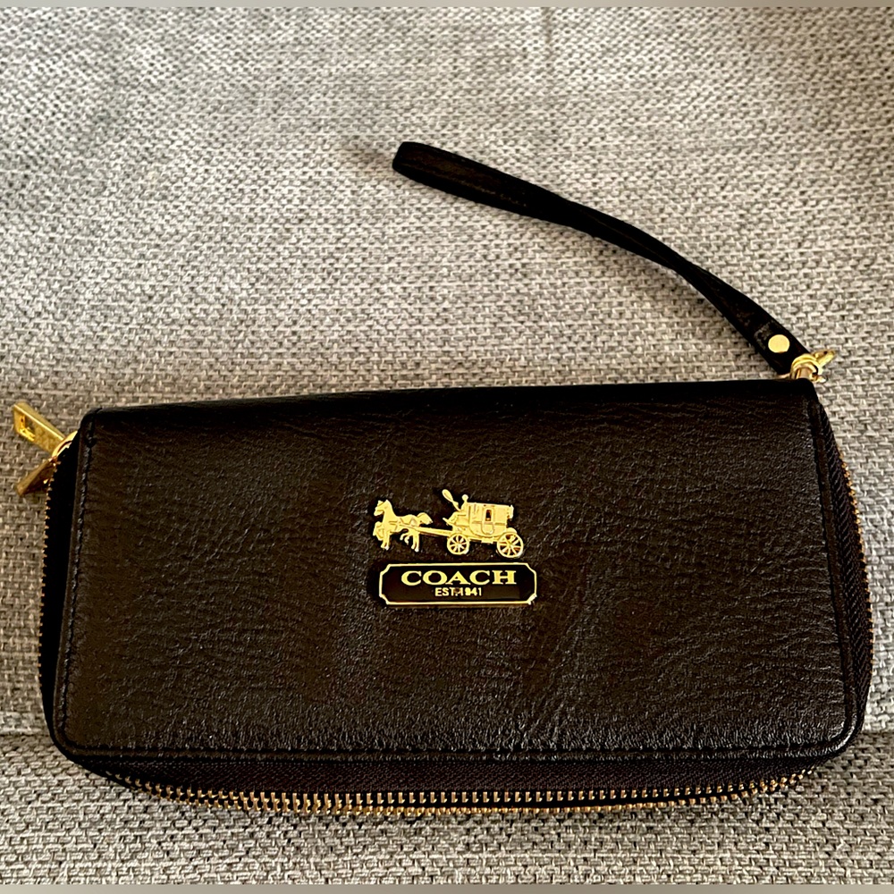 Coach Black Leather Wristlet with Gold Accents